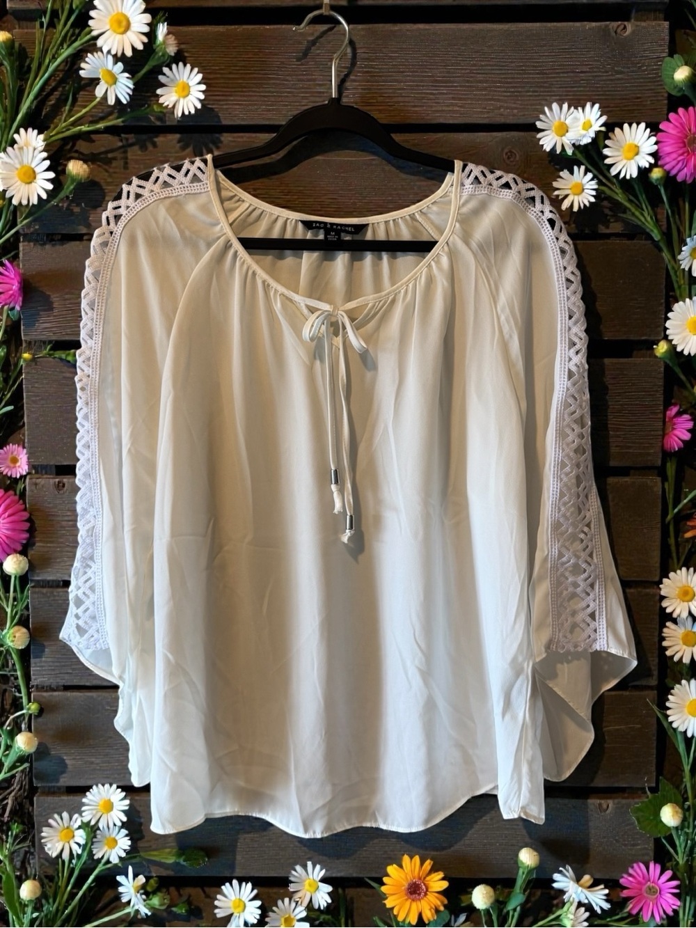 Zac & Rachel Cream Tie-Neck Lightweight & Flowy Top with White Crochet Lace Trim